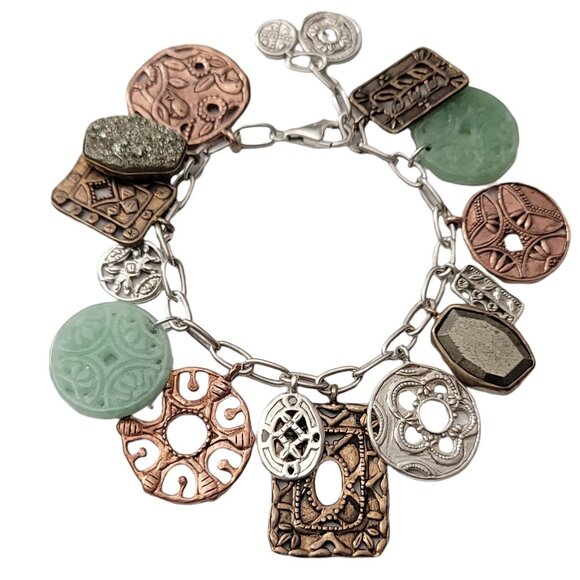 Silpada Sterling Silver Asian Element, Copper Bronze Coin Jade Charm Bracelet - Picture 2 of 6